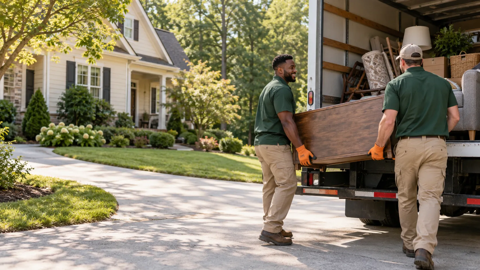Junk removal crew loading household items into a truck