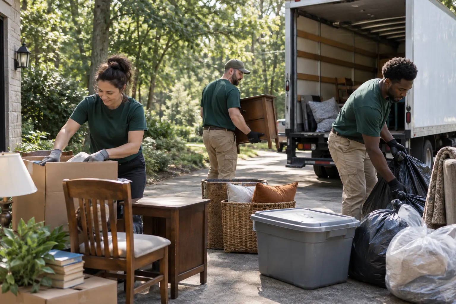 Crew sorting household items beside a junk removal truck